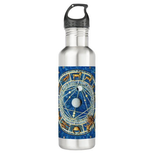 Celestial Zodiac Blue & Gold Astrology Signs Wheel Waterfles (Voorkant)