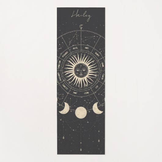 Celestial Zodiac Sun Stars Moon Phase Custom Naam Yogamat (Voorkant)