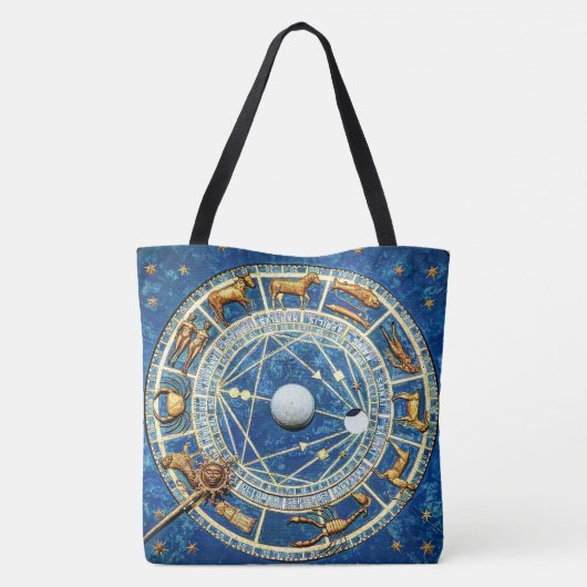 Celestial Zodiac Wheel Astrologie Blauw Goud Draagtas (Achterkant)
