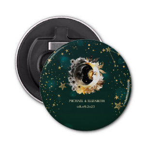 Celestial zon en maan bloemen sterren groen button flesopener