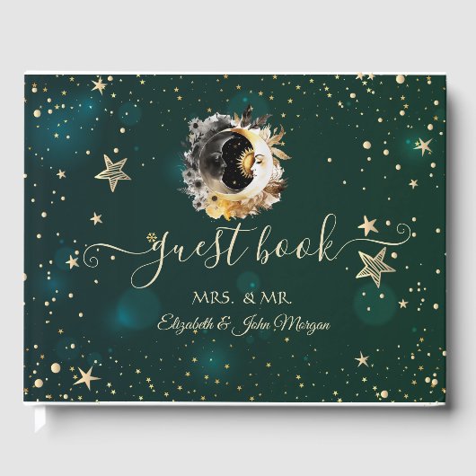 Celestial zon en maan bloemen sterren groen gastenboek (Voorkant)
