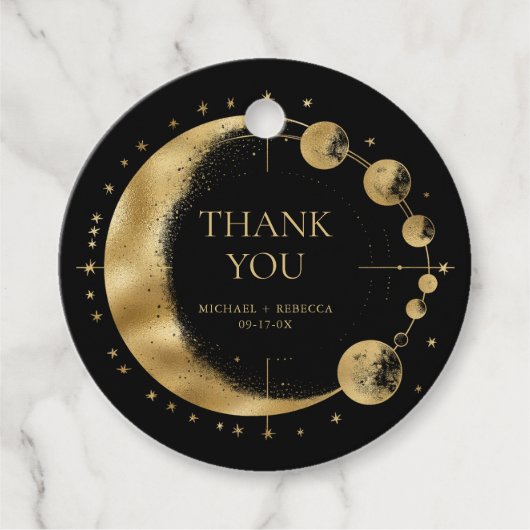 Celestial Zwart Goud Maan Phases Bruiloft Dank u Bedankjes Labels (Voorkant)