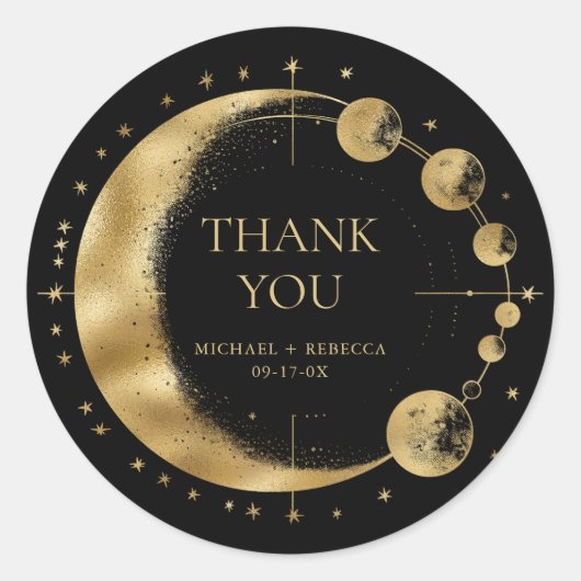 Celestial Zwart Goud Maan Phases Bruiloft Dank u Ronde Sticker (Voorkant)