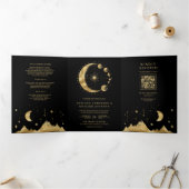 Celestial zwart gouden halve maan fasen bruiloft drieluik uitnodiging (Binnen)