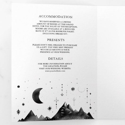 Celestial zwart witte halve maan fasen bruiloft drieluik uitnodiging (Binnenzijde eerst)