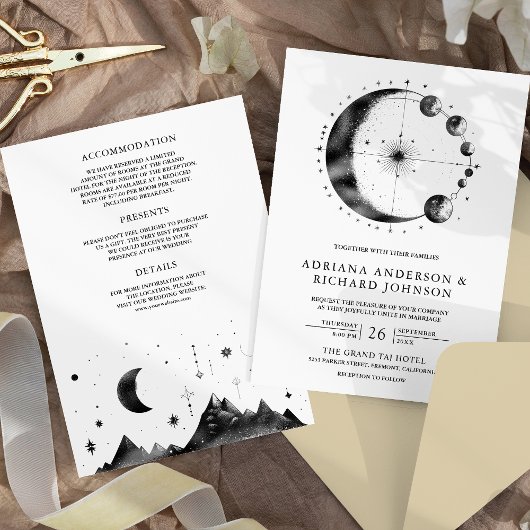 Celestial zwart witte halve maan fasen bruiloft kaart
