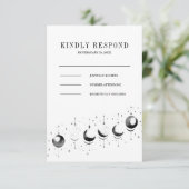 Celestial zwart witte halve maan fasen bruiloft RSVP kaartje (Staand voorkant)