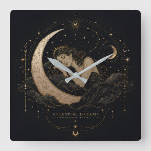 Celestiale Droom Luxe Maan & Sterren Wandklok Vierkante Klok
