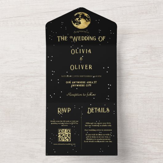 Celestiale ster moon QR code bruiloft All In One Uitnodiging (Binnen)