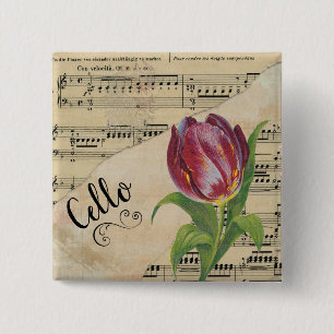 Cello Elegant Tulip  Sheet Music Vierkante Button 5,1 Cm