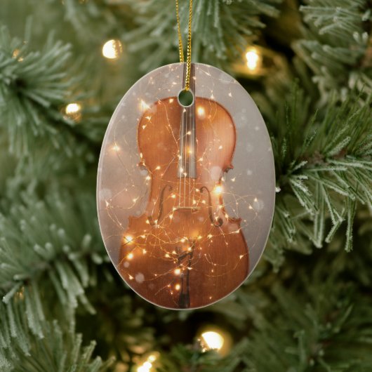 Cello met kerstverlichting, keramisch versieringsm ornament (Boom)