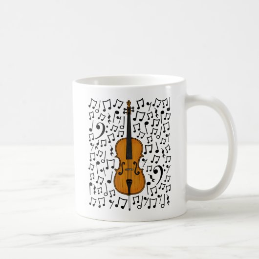 Cello met muzieknoten, cellist muziekleraar koffiemok (Rechts)