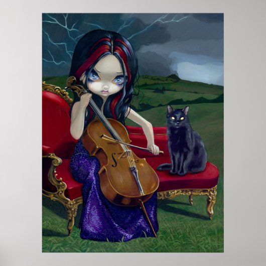 Cello Storm Art Afdrukken zwarte kattengothische m Poster (Voorkant)