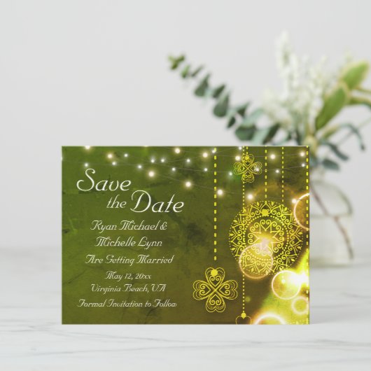 Celtic Clovers and String Lights Irish Wedding Save The Date (Staand voorkant)