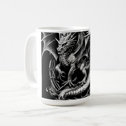 Celtic Dragon Elegance: Zwart & Grijs Abstract Tat Koffiemok (Voorkant links)