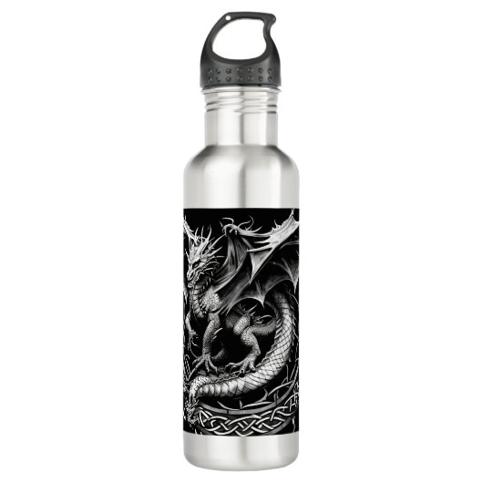 Celtic Dragon Elegance: Zwart & Grijs Abstract Tat Waterfles (Voorkant)