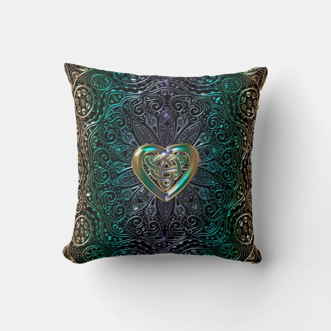 Celtic Heart Mandala in Green Gold Kussen (Voorkant)