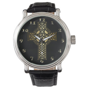 Celtic Knot Cross in Gold en Black Horloge