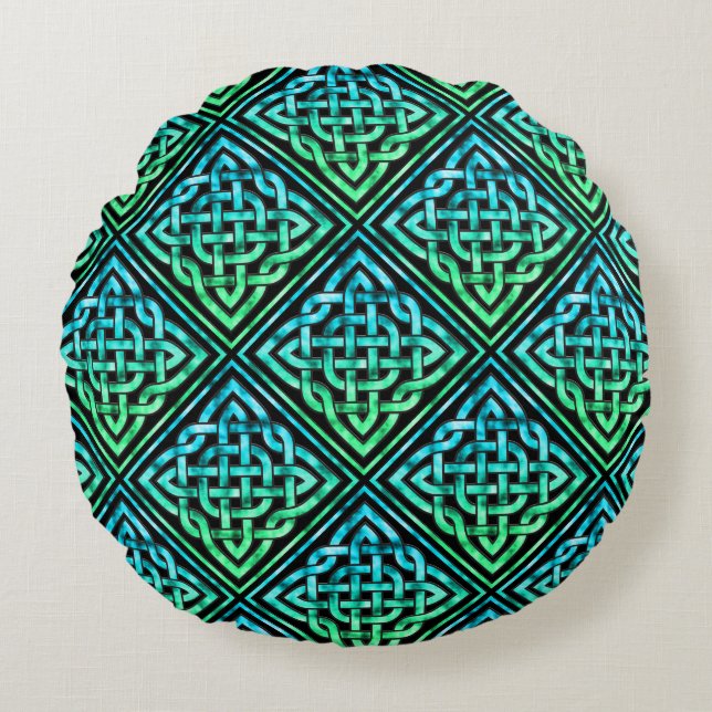 Celtic Knot - Diamond Blue Green Rond Kussen (Voorkant)