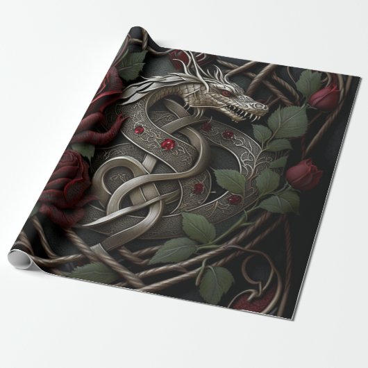 Celtic Knot Dragon Gothic Red Roses Cadeaupapier (Uitgerold)