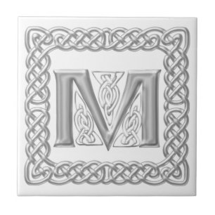 Celtic Knot Monogram Silver Effect Letter M Tile Tegeltje