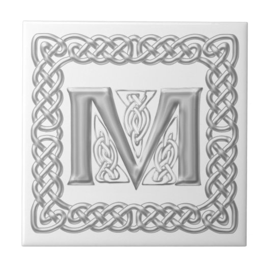 Celtic Knot Monogram Silver Effect Letter M Tile Tegeltje (Voorkant)