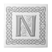Celtic Knot Monogram Silver Effect Letter N Tile Tegeltje (Voorkant)