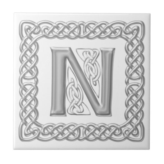 Celtic Knot Monogram Silver Effect Letter N Tile Tegeltje (Voorkant)