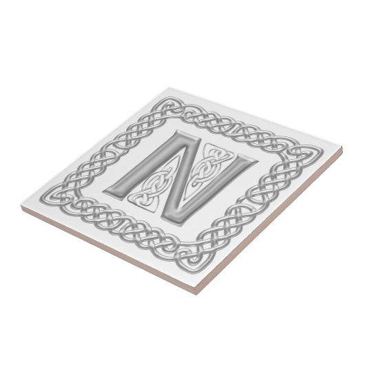 Celtic Knot Monogram Silver Effect Letter N Tile Tegeltje (Zijkant)