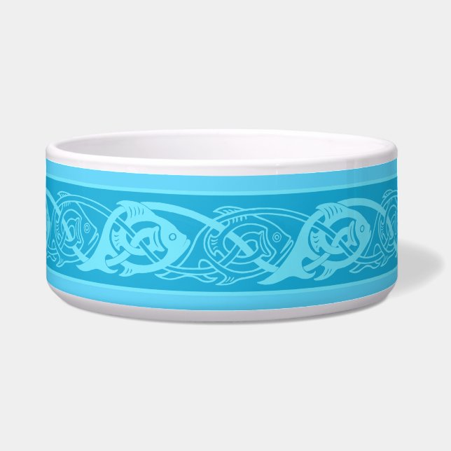 Celtic Knotwork Fish in Blue Ceramic Pet Bowl. Voerbakje (Voorkant)