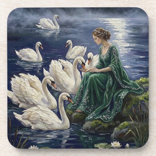 Celtic Swans Moonlit Lake Night Fantasy Art Bier Onderzetter (Voorkant)