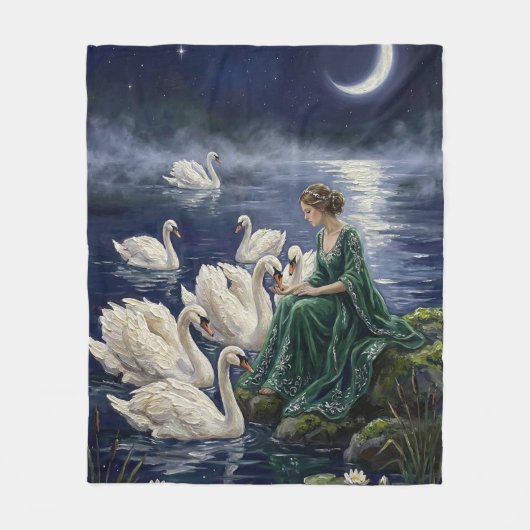 Celtic Swans Moonlit Lake Night Fantasy Art Fleece Deken (Voorkant)