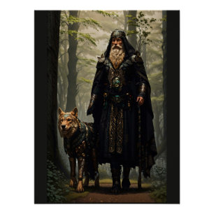 Celtic Wizard en Wolf Canvas Afdrukken Perfect Poster