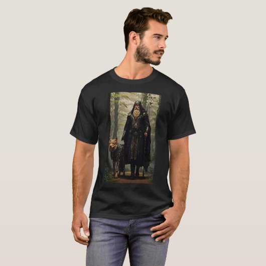 Celtic Wizard en Wolf Canvas Afdrukken T-shirt (Voorkant volledig)