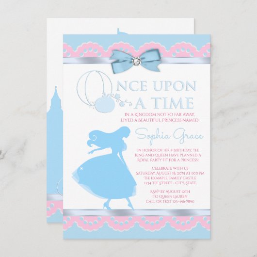 Cendrillon Bleu Rose Invitation de fête d'annivers (Devant / Derrière)