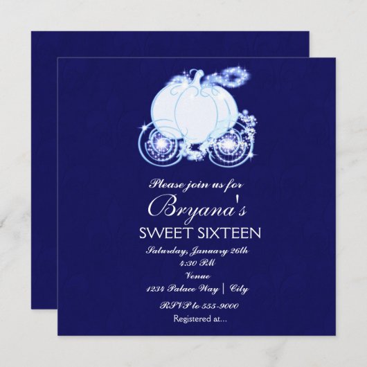 Cendrillon Invitation Carrosse Royal Bleu Princess (Devant / Derrière)