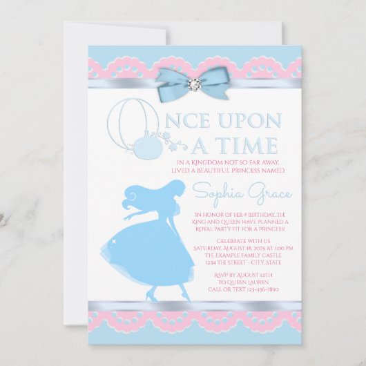 Cendrillon rose et bleu Invitation de fête d'anniv (Devant)
