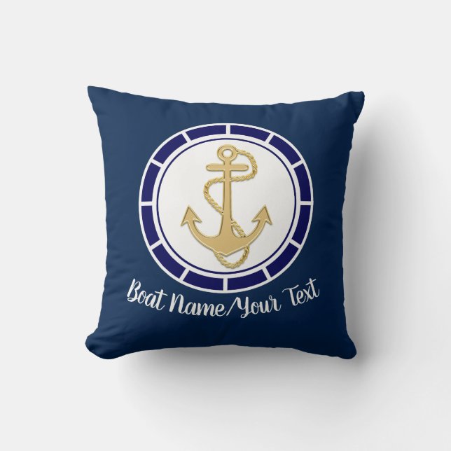 Central Golden Anchor Navy Blue Nautical Kussen (Voorkant)