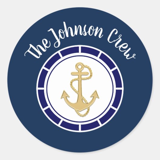 Central Golden Anchor Navy Blue Nautical Ronde Sticker (Voorkant)