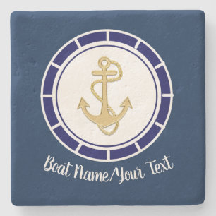 Central Golden Anchor Navy Blue Nautical Stenen Onderzetter