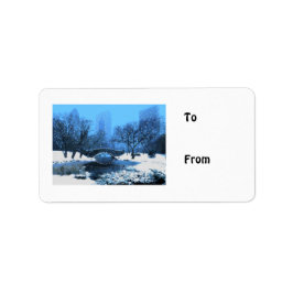 Central Park Bridge op Twilight in de sneeuw Etiket