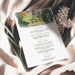 Central Park Elegance Waterverf Bruiloft Menu Kaar Kaart