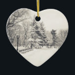 Central Park Winter Path - New York City<br><div class="desc">Cette photo d'art en noir et blanc est d'un très beau chemin à Central Park, New York, recouvert de neige. Les tons vintages et doux accentuent les grands pins, leurs branches lourdes de neige, qui s'asseyent au loin à côté des bancs du parc poussiérés de neige. Les arbres d'hiver avec...</div>