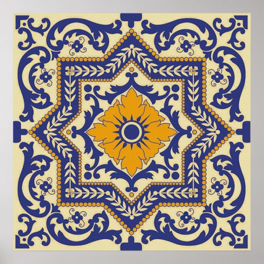 Ceramic Azulejo Style Blue Oranje Poster (Voorkant)