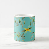 Ceramic mug with olive design on light teal koffiemok (Center)