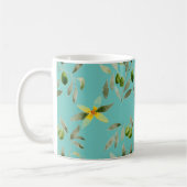 Ceramic mug with olive design on light teal koffiemok (Links)