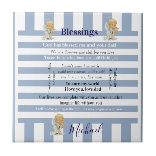 Ceramic Tile Blue & White Stripe Blessings Child Tegeltje (Voorkant)