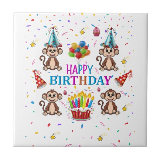 Ceramic Tile Happy Birthday Monkey Cupcake Tegeltje (Voorkant)