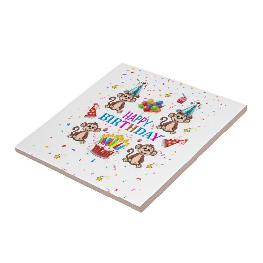 Ceramic Tile Happy Birthday Monkey Cupcake Tegeltje (Zijkant)