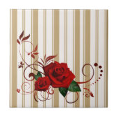 Ceramic Tile Stripe Beige & White Stripe Red Rose Tegeltje (Voorkant)